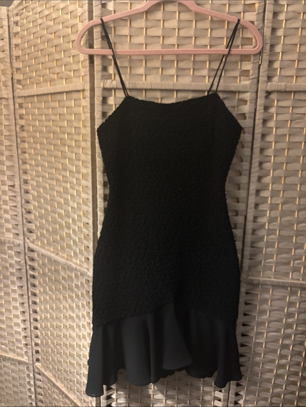 Little Black Textured Mini Dress with Ruffle Hem